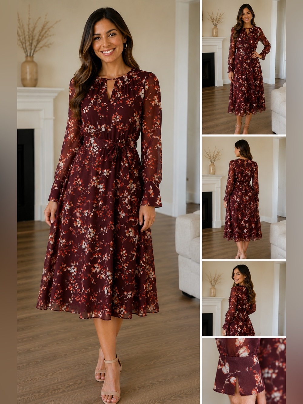Calvin Klein Maroon Floral Chiffon Midi Dress Bell Sleeve Size 2 NWT